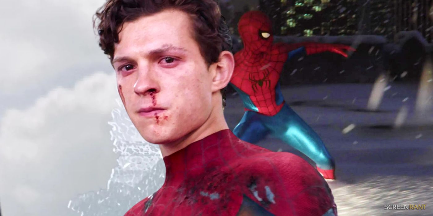 Tom Holland's Peter Parker beaten up in Spider-Man: Far From Home and Peter swinging in his new suit in Spider-Man: No Way Home