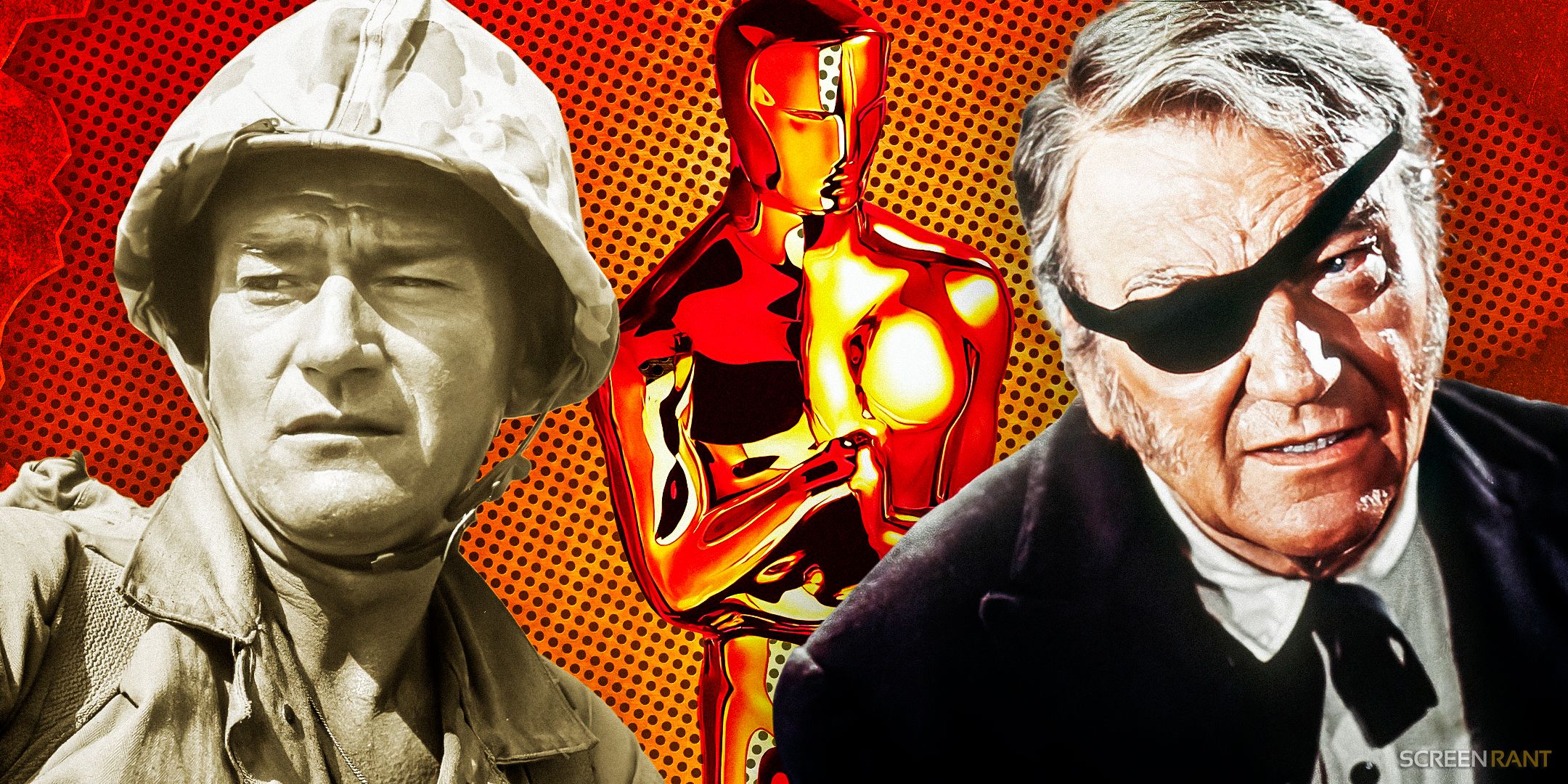 John Wayne as Stryker from Sands of Iwo Jima and as Rooster Cogburn from True Grit with an Oscar statue