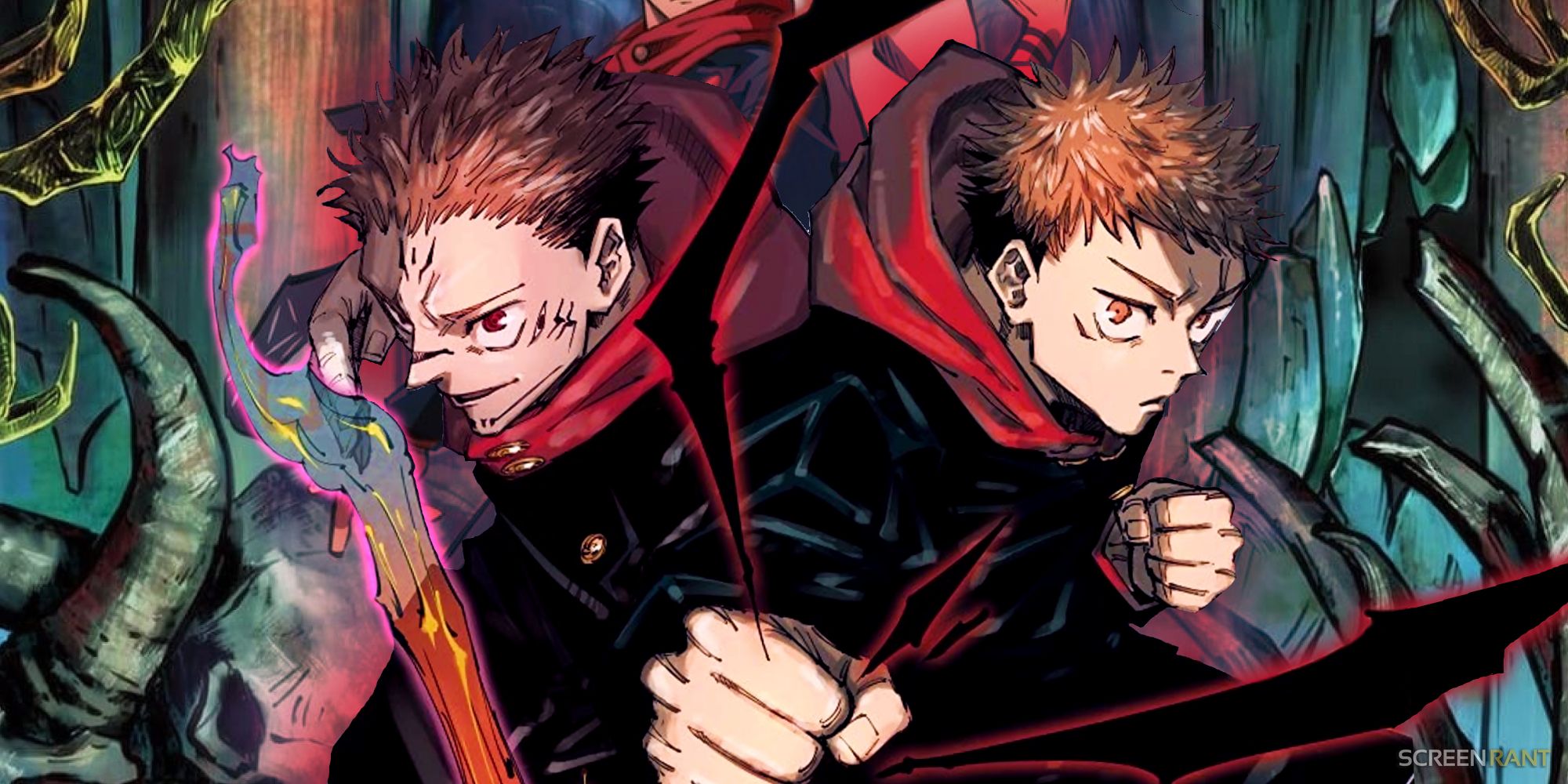 yuji and sukuna back to back in jujutsu kaisen with yuji surrounded by black flash sparks and sukuna using his fire arrow techniqiue