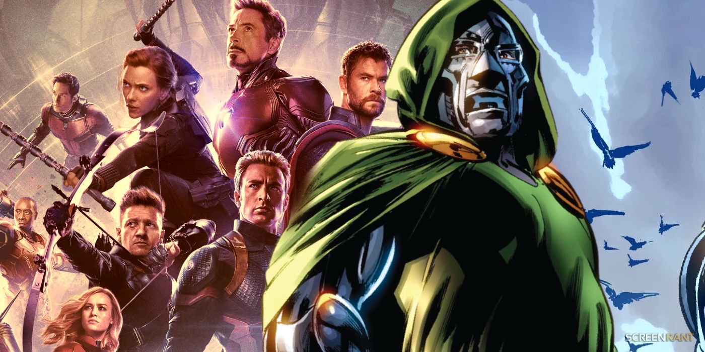 The Cast Of MCU's Avengers on the left with Doctor Doom from Marvel Comics on the right.