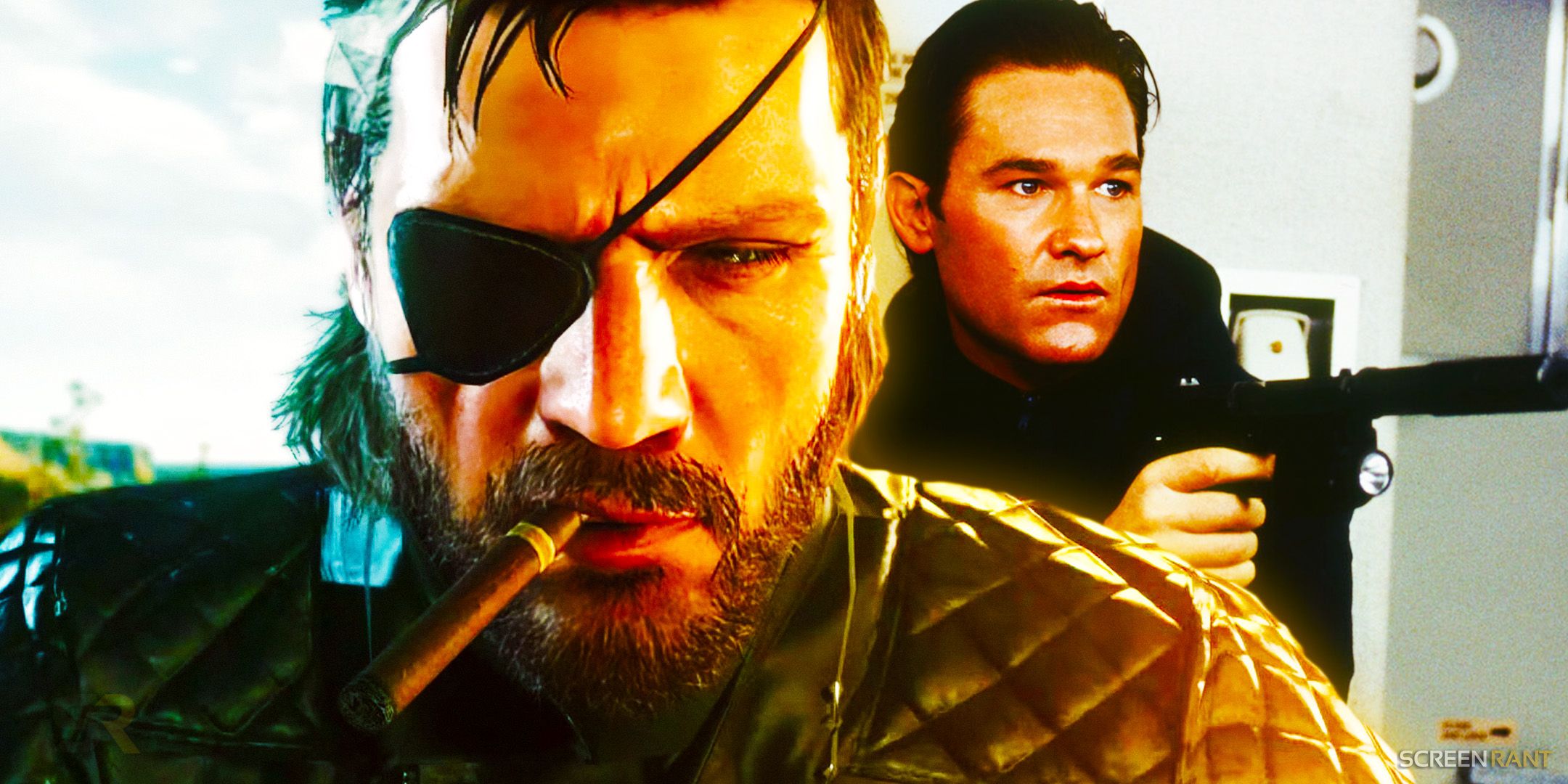Snake from Metal Gear Solid V: The Phantom Pain smoking with Kurt Russell holding a silenced pistol in 1996's Executive Decision