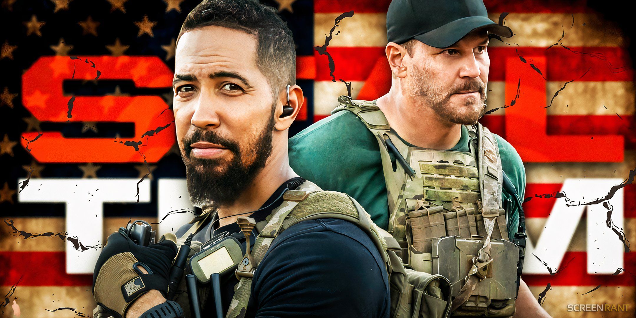 David Boreanaz as Jason Hayes and Neil Brown Jr as Ray Perry in front of SEAL Team show logo