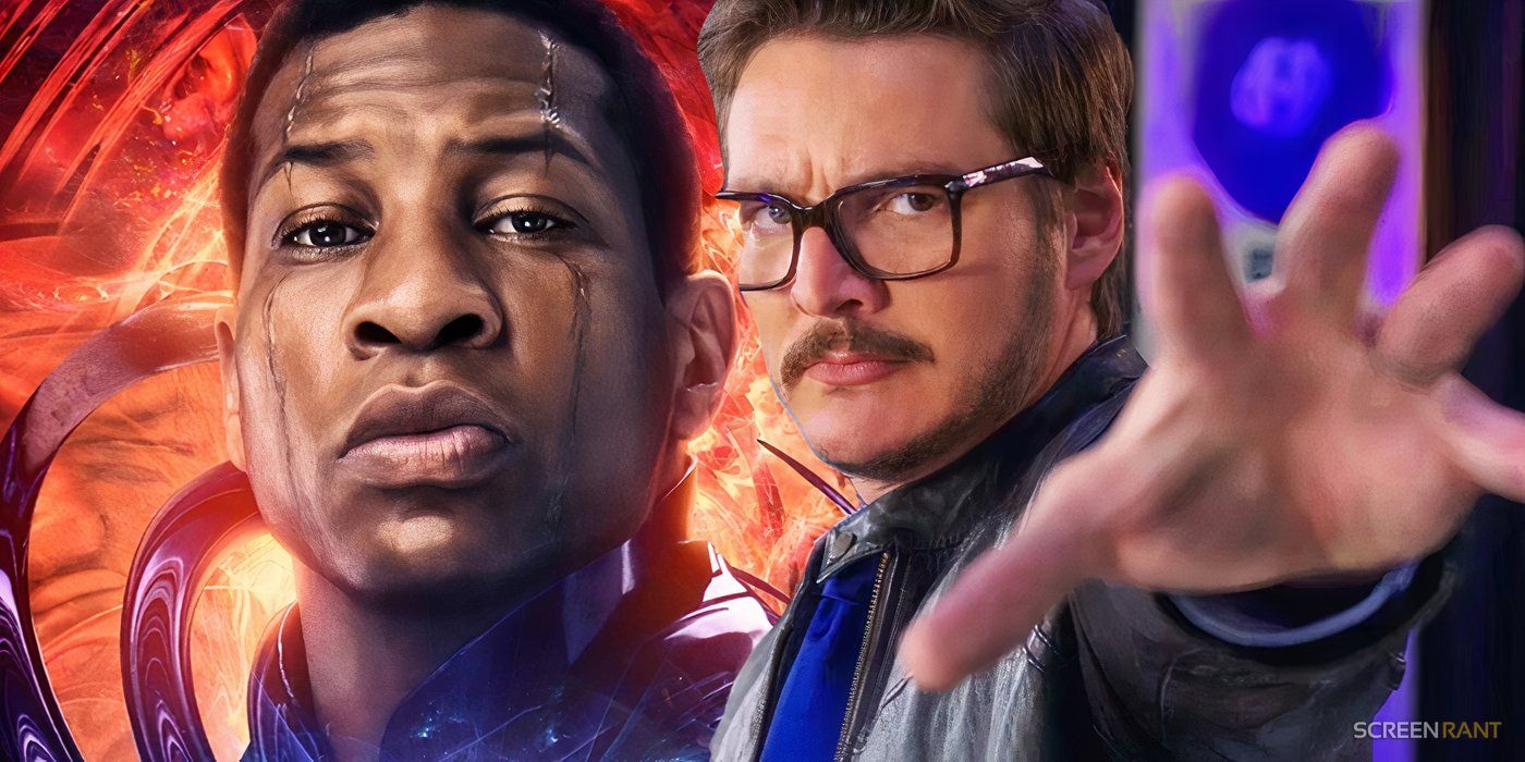 A Kang the Conqueror poster of Jonathan Majors from Ant-Man and the Wasp: Quantumania and Pedro Pascal extending his arm in We Can Be Heroes