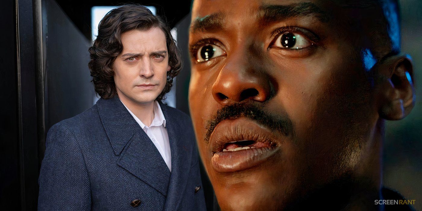 Aneurin Barnard as Roger ap Gwilliam and Ncuti Gatwa as the Fifteenth Doctor looking shocked in Doctor Who.