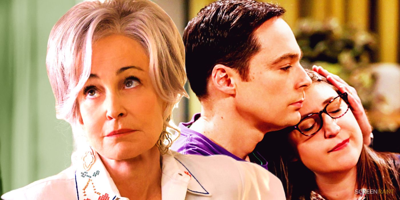Annie Potts as Meemaw in Young Sheldon and Jim Parsons as Sheldon and Mayim Bialik as Amy in The Big Bang Theory