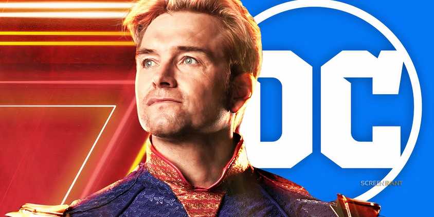 Anthony Starr as Homelander in The Boys promo and the DC Comics logo