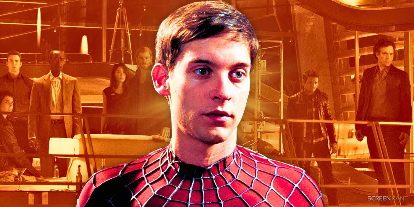 Tobey Maguire's unmasked Spider-Man in front of a team shot of the Avengers in Avengers: Age of Ultron with an orange hue