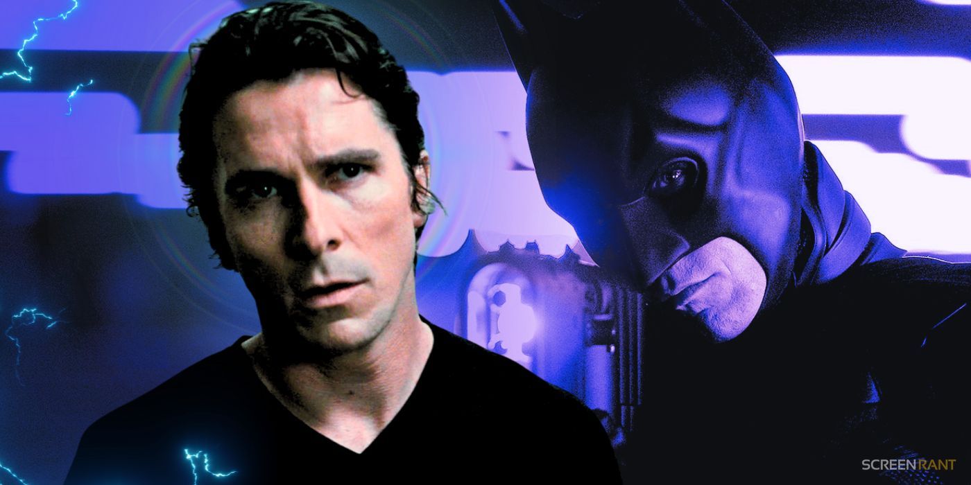 Christian Bale as Bruce Wayne and Batman with a purple hue