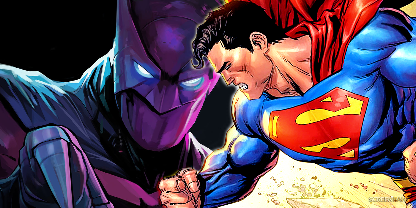 Comic book art: Failsafe Batman underneath an angry Superman ready to punch.