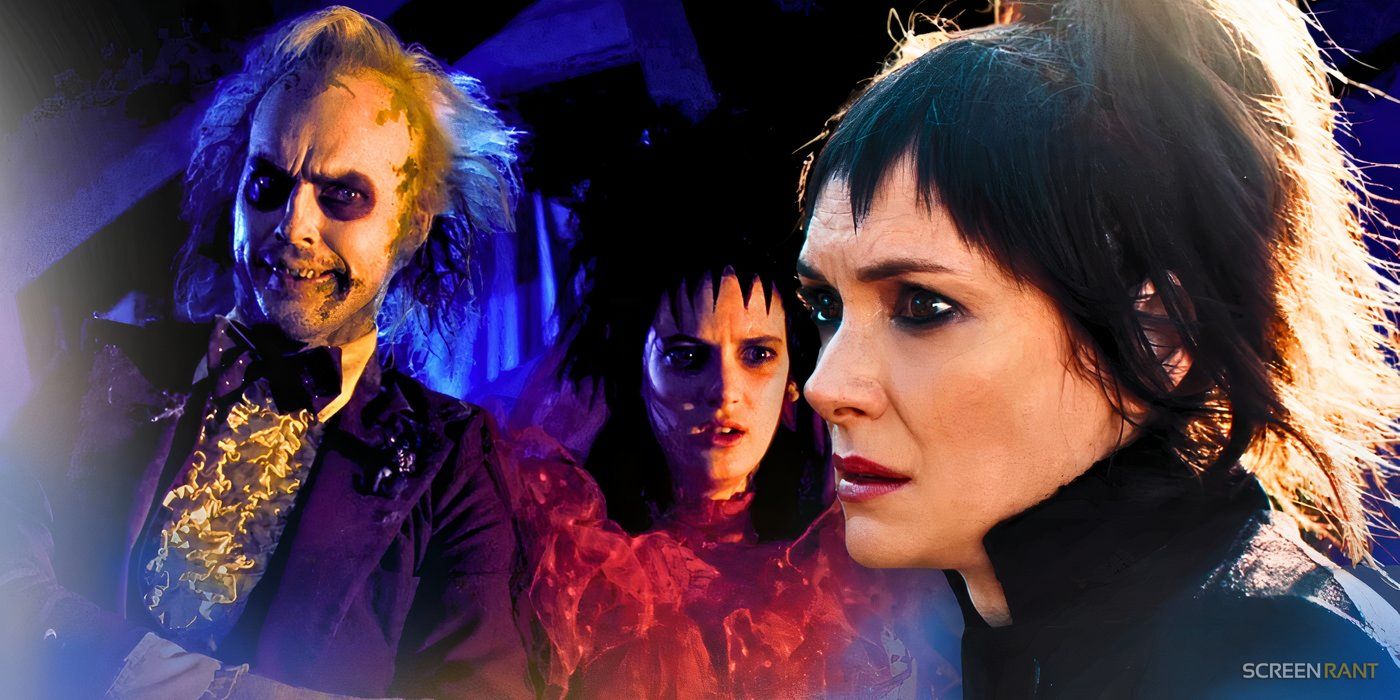 Michael Keaton and Winona Ryder from original Beetlejuice next to Ryder as Lydia in Beetlejuice 2