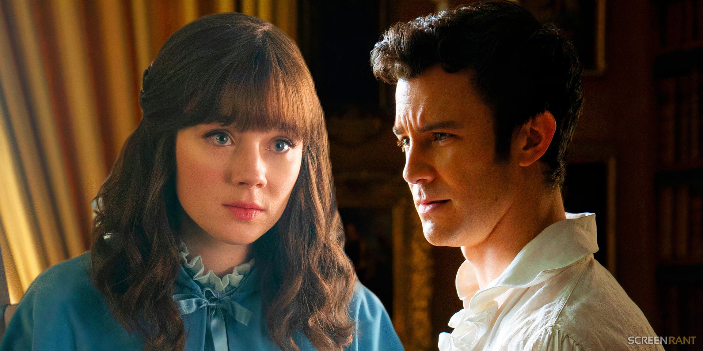 Benedict (Luke Thompson) and Eloise (Claudia Jessie) looking at each other in Bridgerton