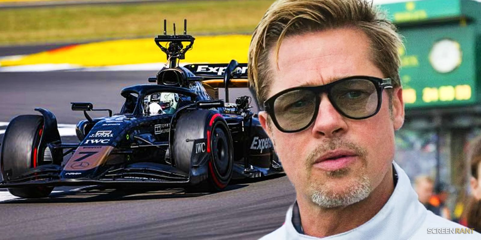 Formula One race car next to Brad Pitt in F1 movie