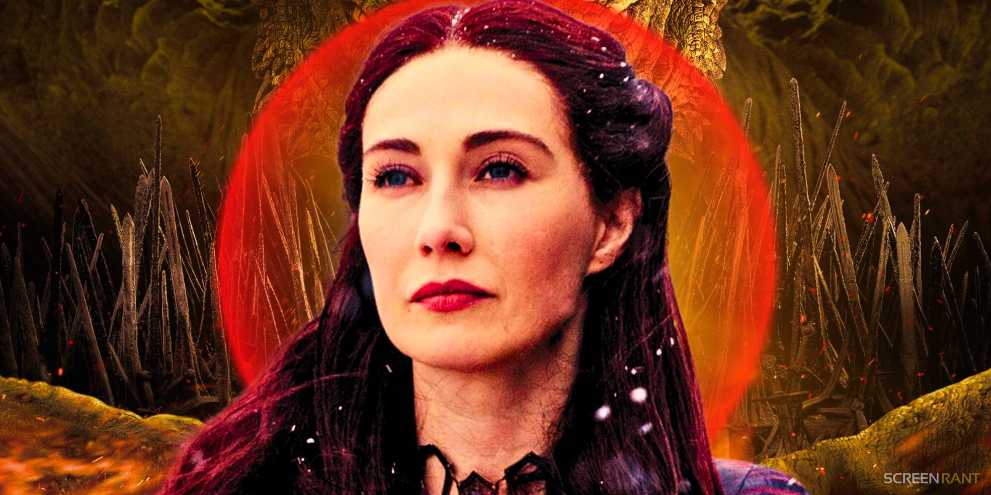 Carice van Houten as Melisandre in Game of Thrones, with House of the Dragon poster of dragon and swords behind her
