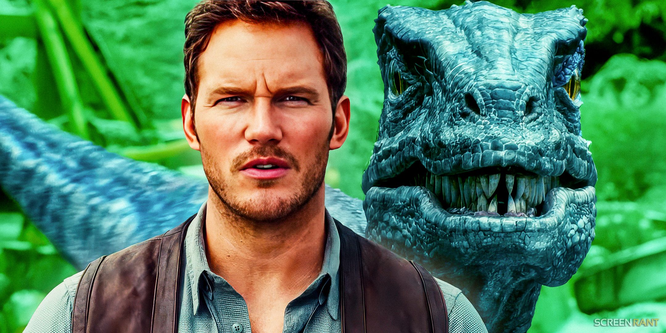 Chris Pratt as Owen Grady in Jurassic World alongside a raptor