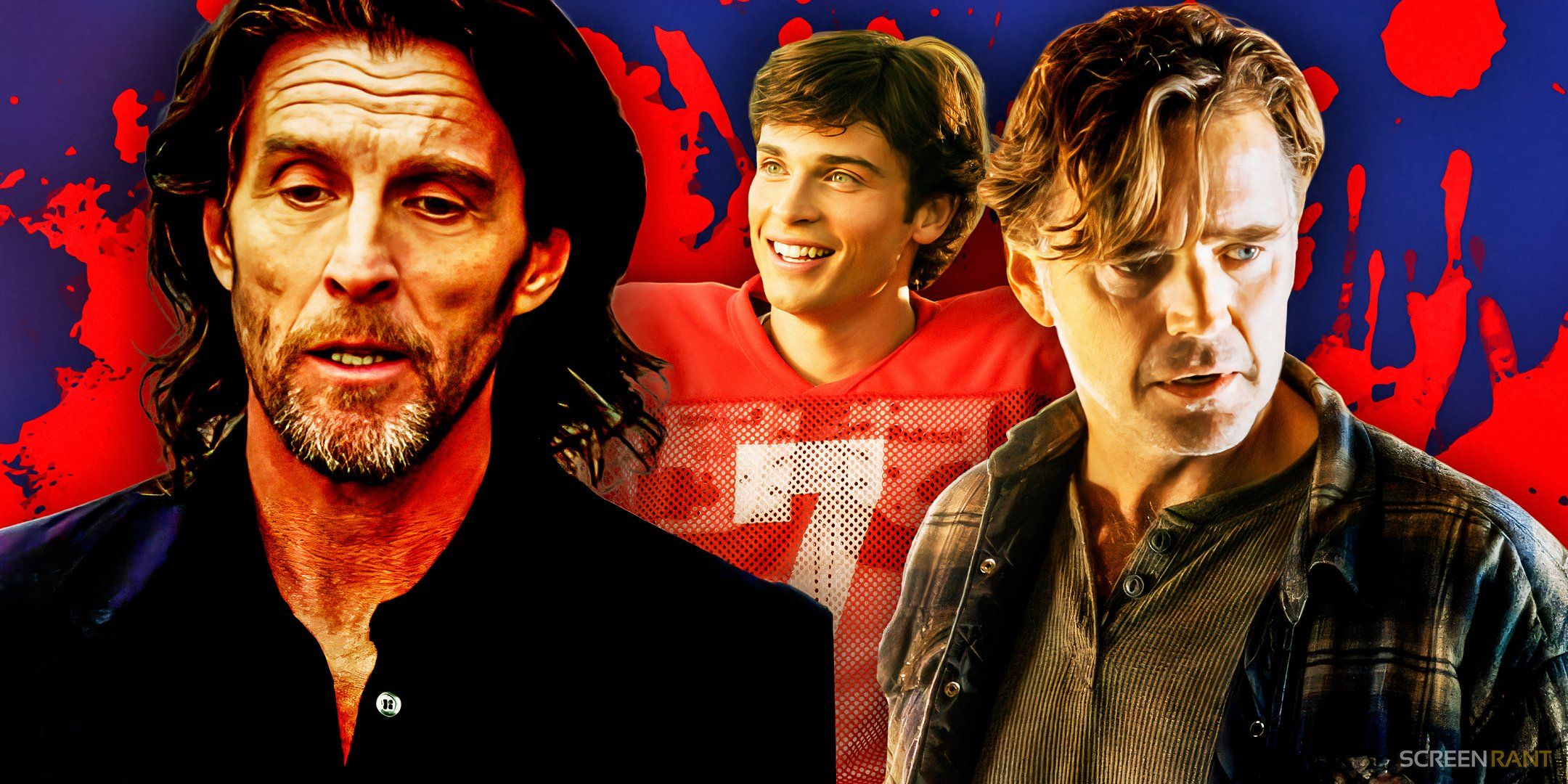 Lionel Luthor, Clark Kent, and Jonathan Kent in Smallville with a blood splatter background