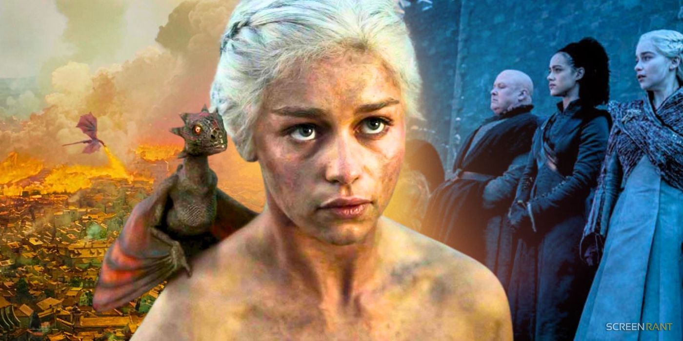 Daenerys with Drogon in Game of Thrones season 1, burning King's Landing, and standing with Varys and Melisandre