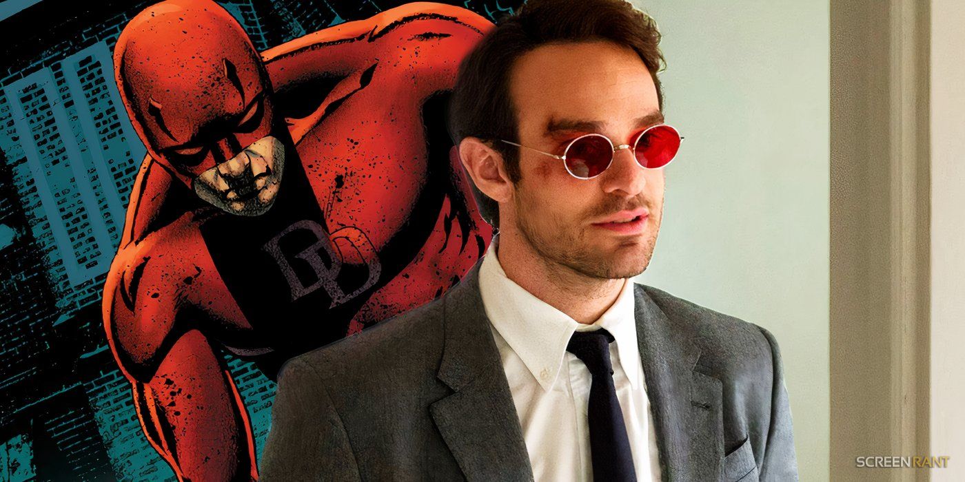 Daredevil with his classic suit in Marvel Comics and Charlie Cox's Matt Murdock with red glasses in Netflix's Daredevil