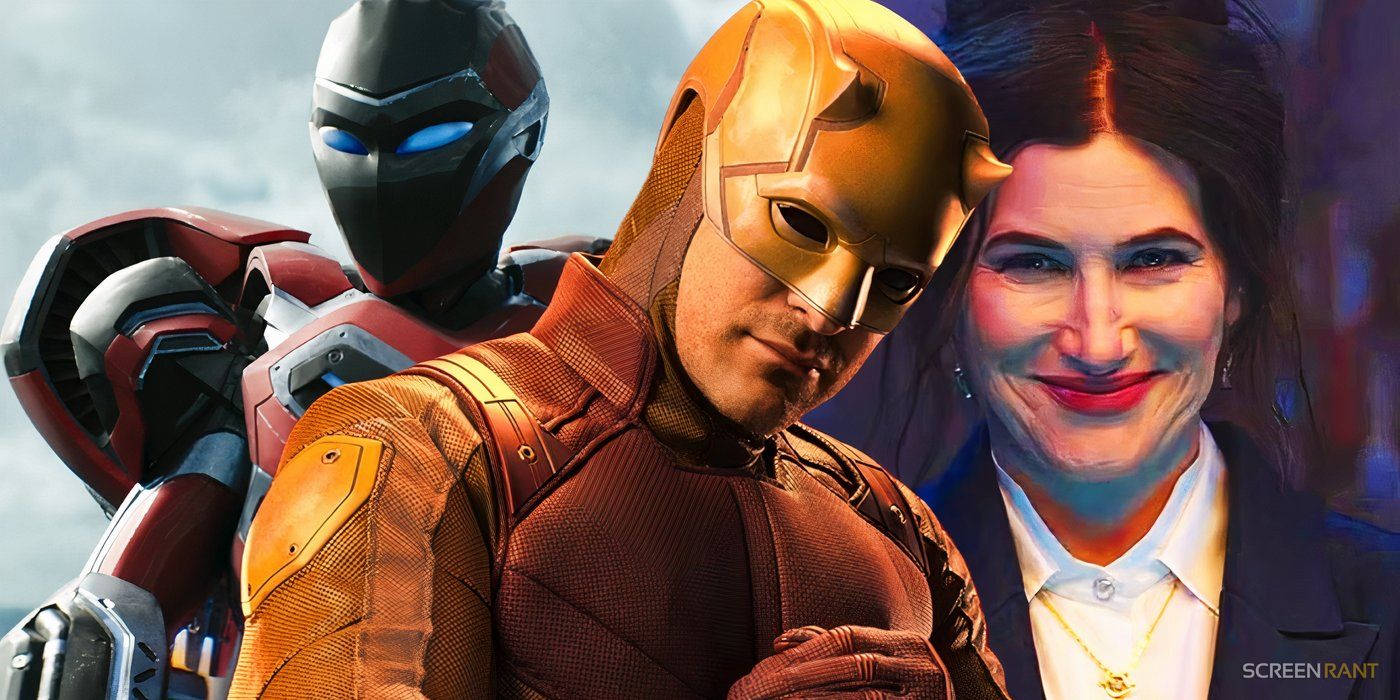 Daredevil with his yellow and red costume at the center and Ironheart and Agatha Harkness on each side