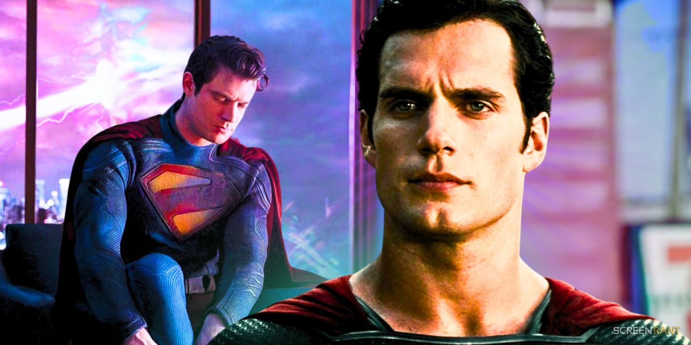 David Corenswet Suiting Up In Full Superman Costume Spliced With Close Up Of Henry Cavill In Superman Costume