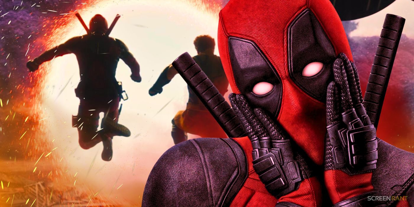 Deadpool & Wolverine shot of the characters jumping through a portal and Deadpool with his hands on his face in shock
