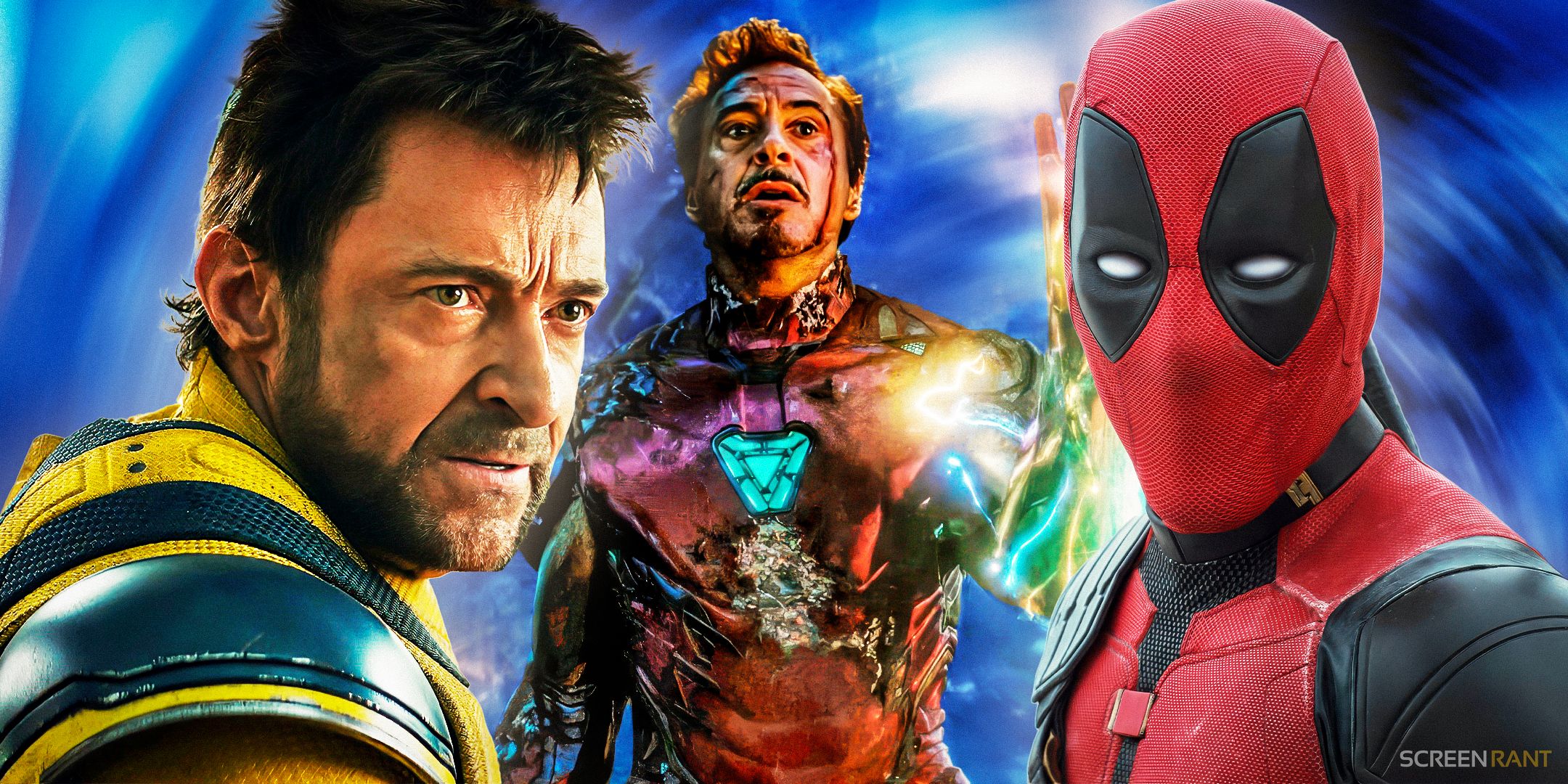 Deadpool e Wolverine de Deadpool & Wolverine de 2024 e Homem de Ferro tirando o desafio em Vingadores: Ultimato com fundo azul