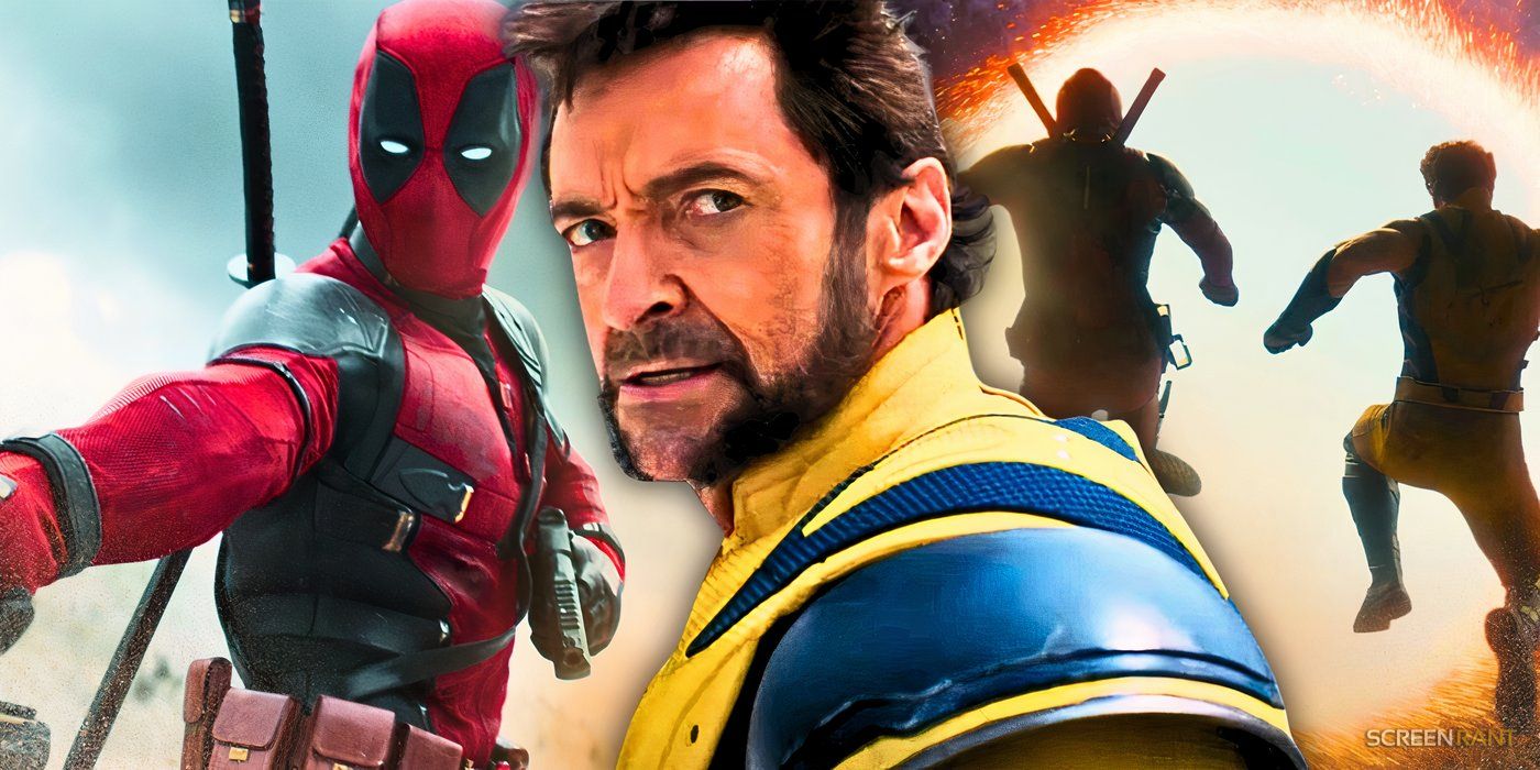 Hugh Jackman's Wolverine unmasked, Deadpool reloading his guns, and the two heroes jumping through a portal