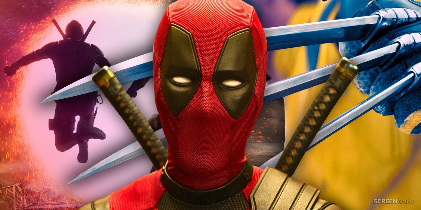 Ryan Reynolds' Deadpool jumping into a portal, looking at the camera, and Wolverine's claws