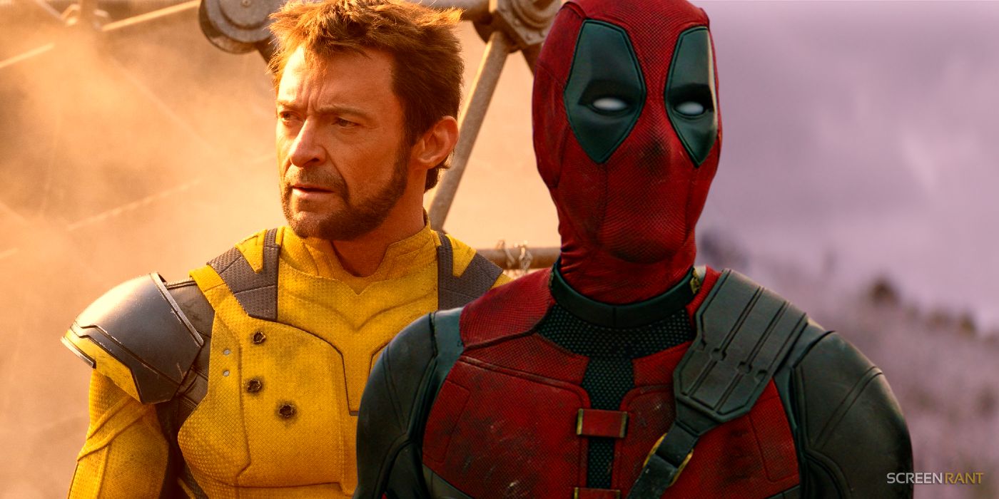 Hugh Jackman's Wolverine looking stoic to the left as Ryan Reynolds' Deadpool looks into the distance