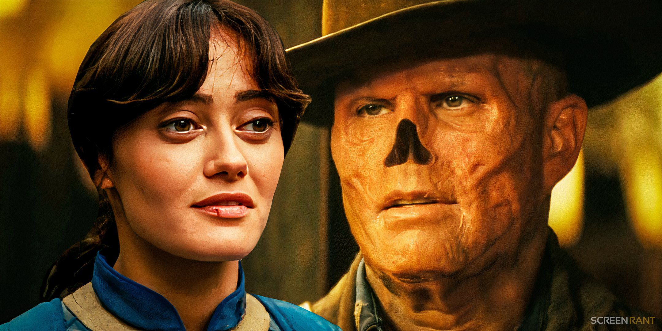 Ella Purnell as Lucy MacLean and Walter Goggins as The Ghoul from the Fallout show