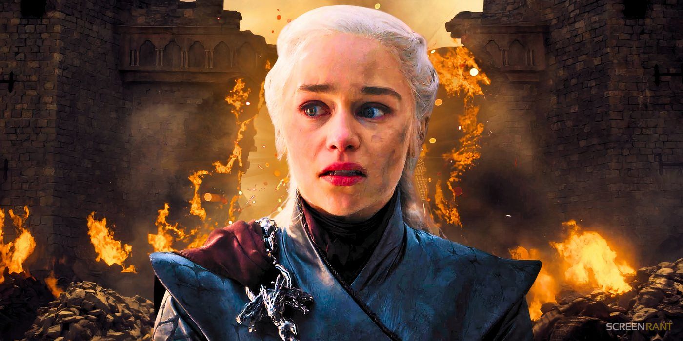 Emilia Clarke as Daenerys looking angry in Game of Thrones season 8, episode 5, with King's Landing burning