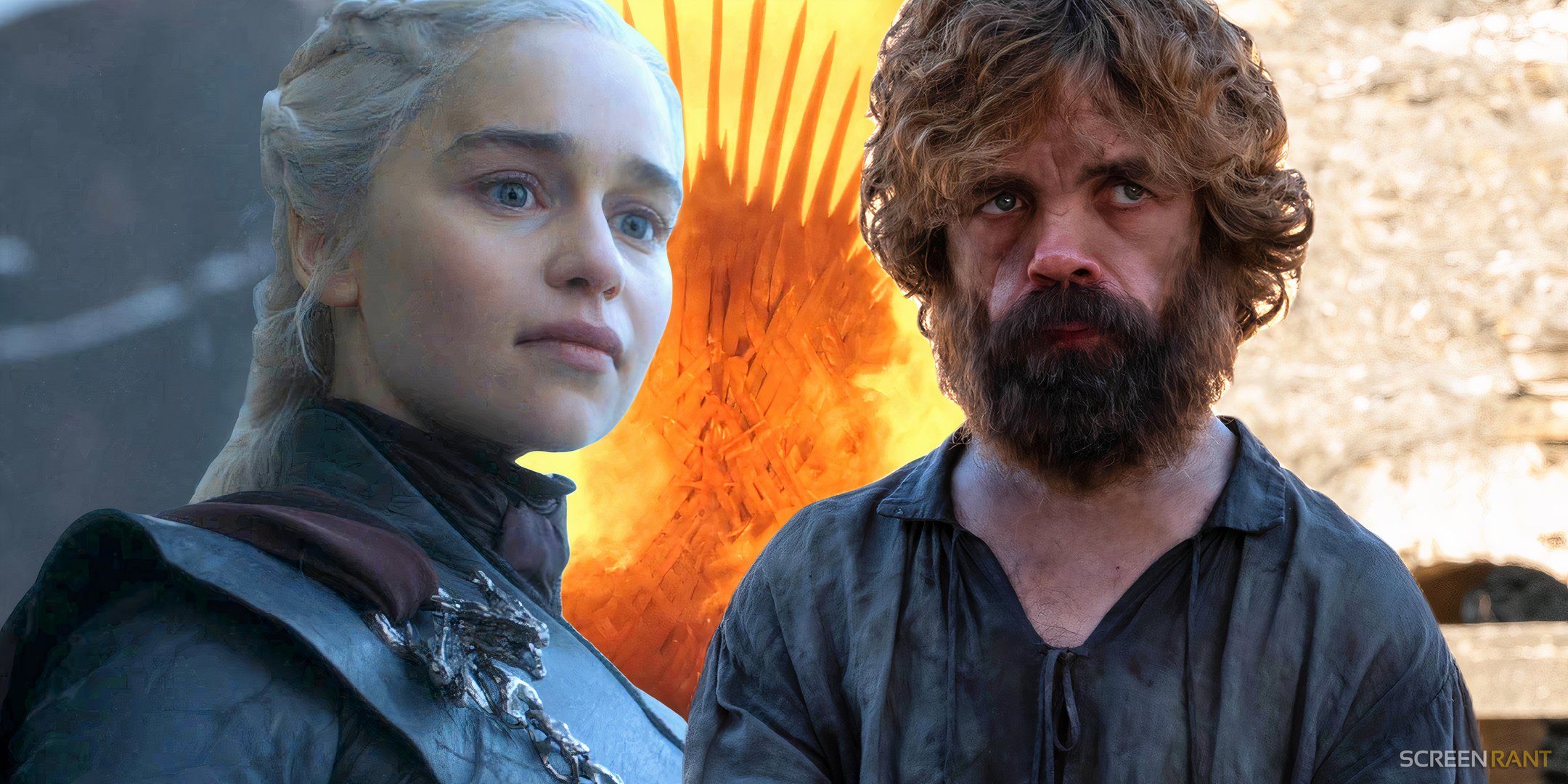 Daenerys looking angry and sad, the Iron Throne burning, and Tyrion in chains in Game of Thrones' series finale