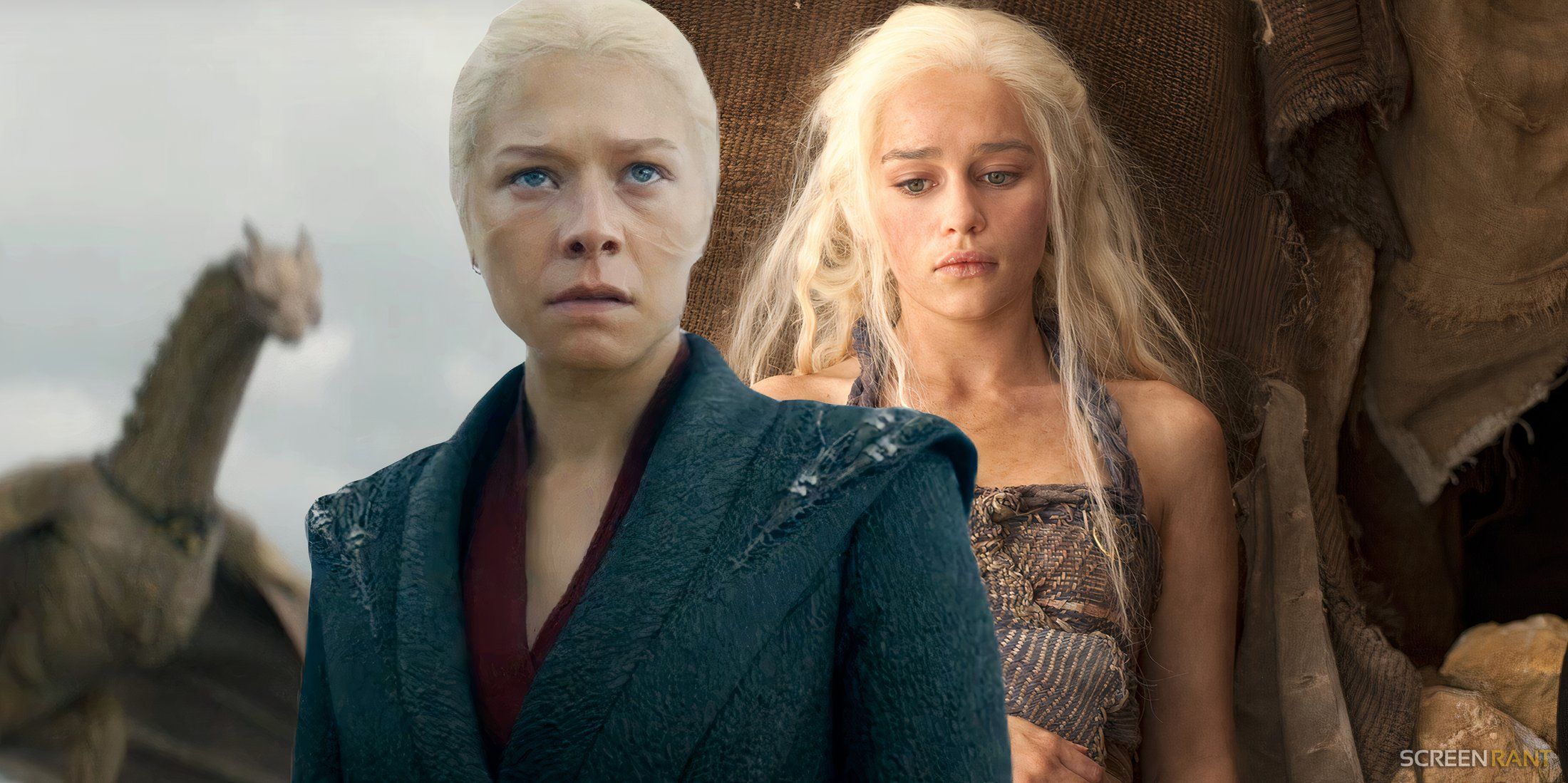Rhaenyra Targaryen looking angry in House of the Dragon season 2 and Daenerys slumped down in Game of Thrones season 2