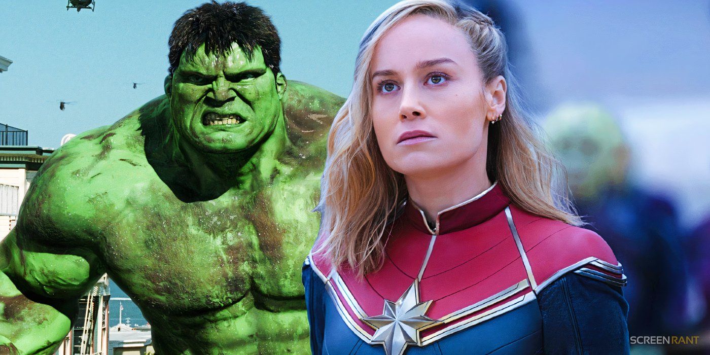 Eric Bana as Hulk In Full Green Rage Monster Mode With Brie Larson As Captain Marvel Standing Among Skrulls In The Marvels