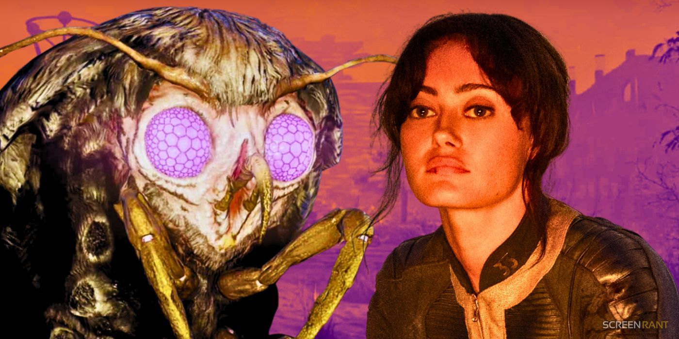 Fallout 76 Mothman next to Ella Purnell as Lucy in Fallout