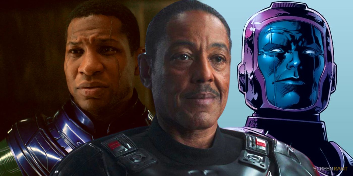 Giancarlo Esposito from The Mandalorian with Kang from the MCU on his left and Kang from the comics on right