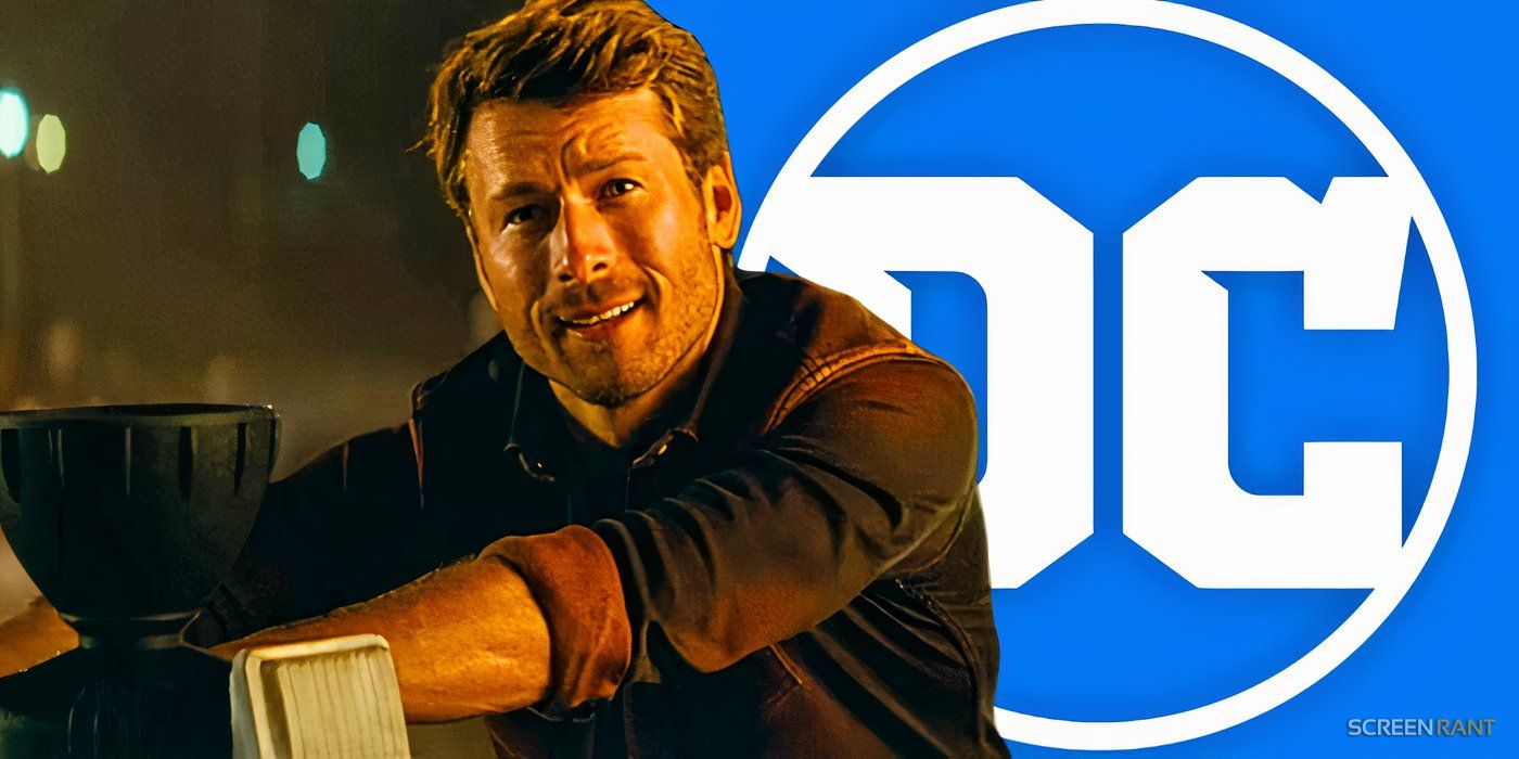 Glen Powell in Twisters and the DC Comics logo