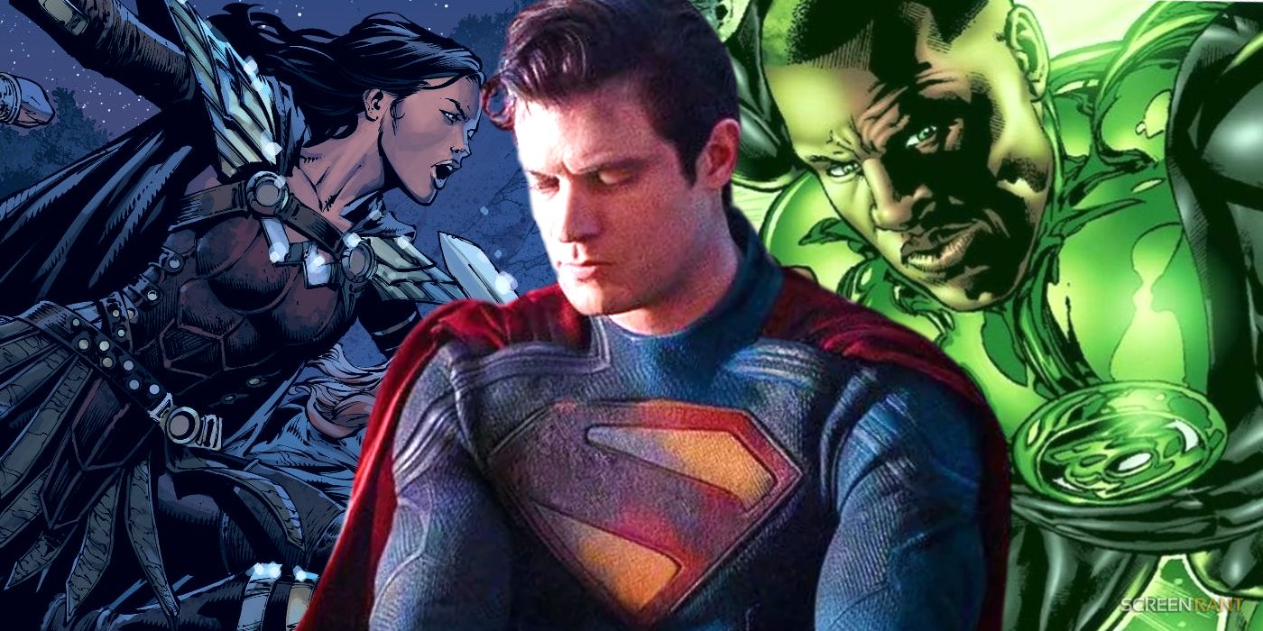 Paradise Lost and John Stewart Green Lantern on the left and right of David Corenswet's Superman
