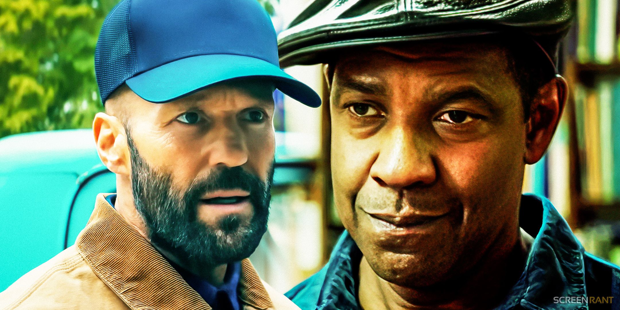 Jason Statham as Adam Clay wearing a cap from The Beekeeper with and Denzel Washington's McCall smiling in 2018's The Equalizer 2