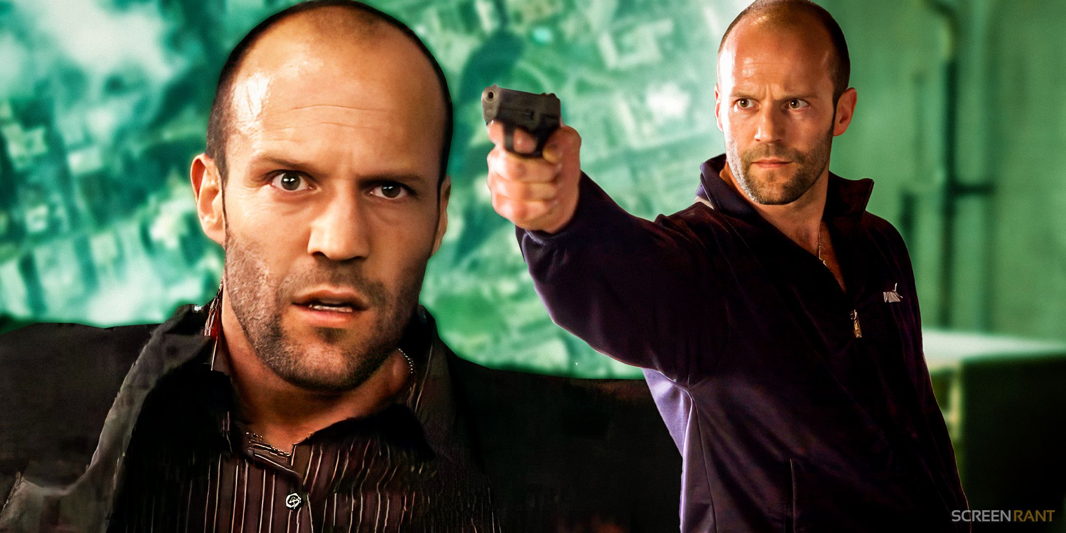 Jason Statham as Chev Chelios falling and pointing a gun in Crank 2006