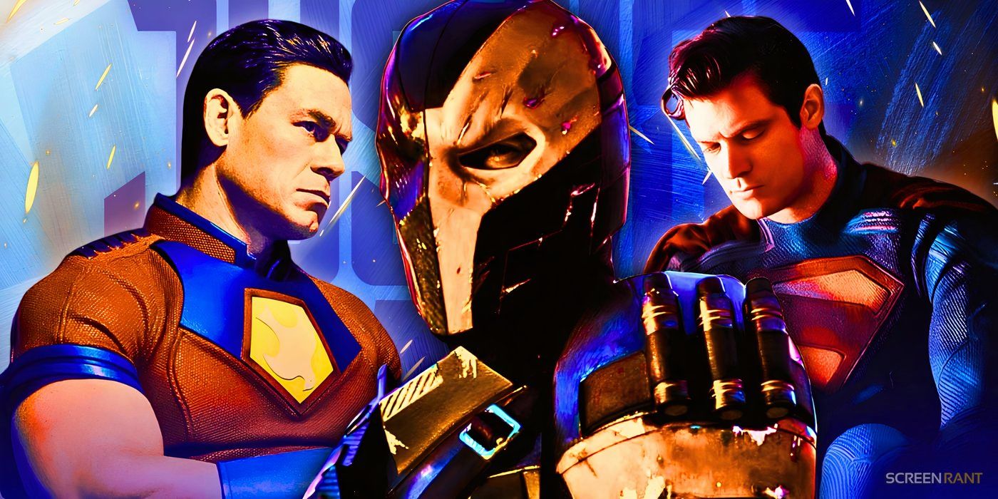 Joe Manganiello's Deathstroke with a mask in Justice League, David Corenswet's Superman in costume, and John Cena as Peacemaker 