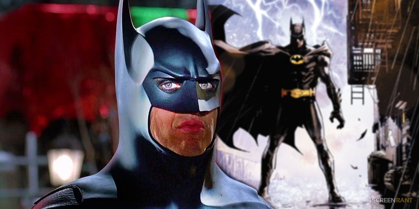 Michael Keaton as Batman next to Jorge Jimenez's depiction of Keaton's Batman in the style of Norm Breyfogle.