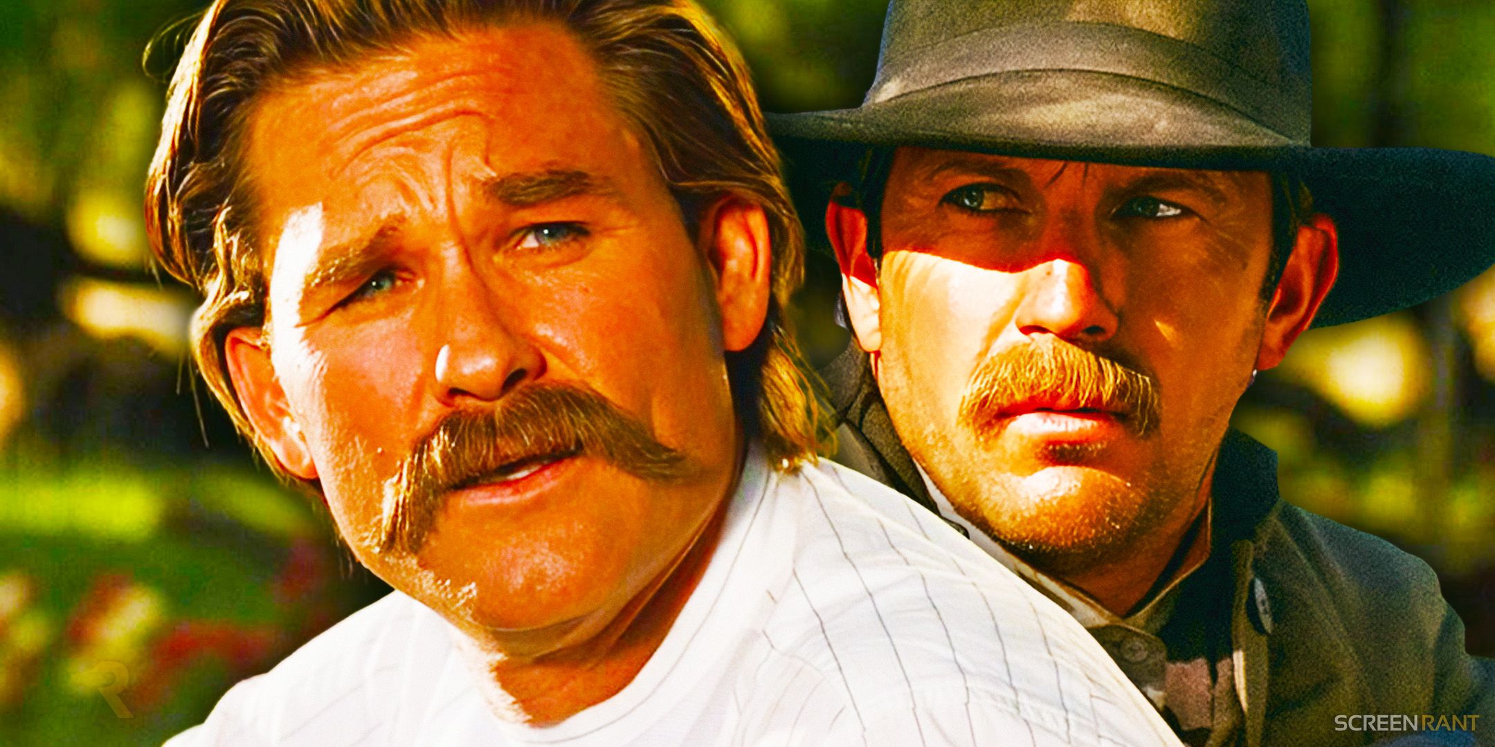 Kurt Russell's Wyatt Earp from Tombstone looks at Kevin Costner's intense Wyatt Earp in 1994's Wyatt Earp movie