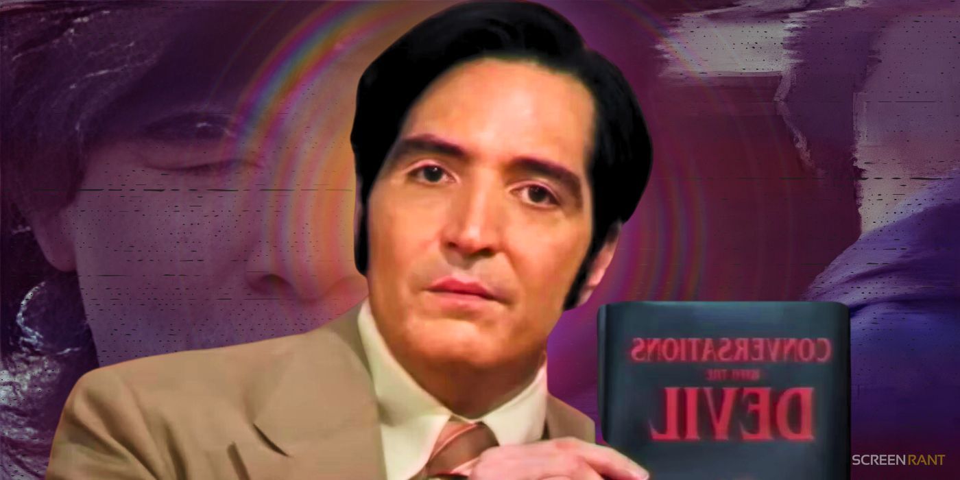 David Dastmalchian holding up a book in Late Night with the Devil against an image from 1992's Ghostwatch