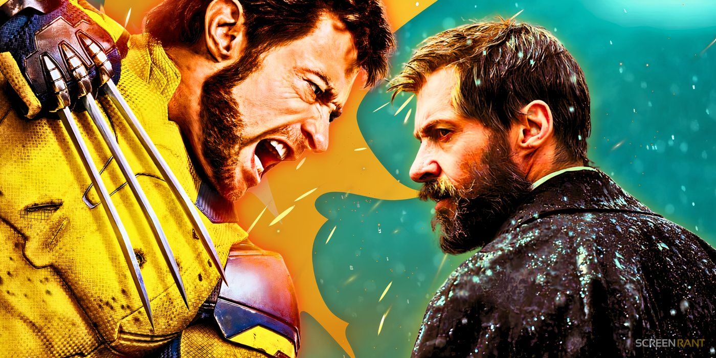 Hugh Jackman as Wolverine with the yellow and blue costume in Deadpool & Wolverine and a beard in Logan