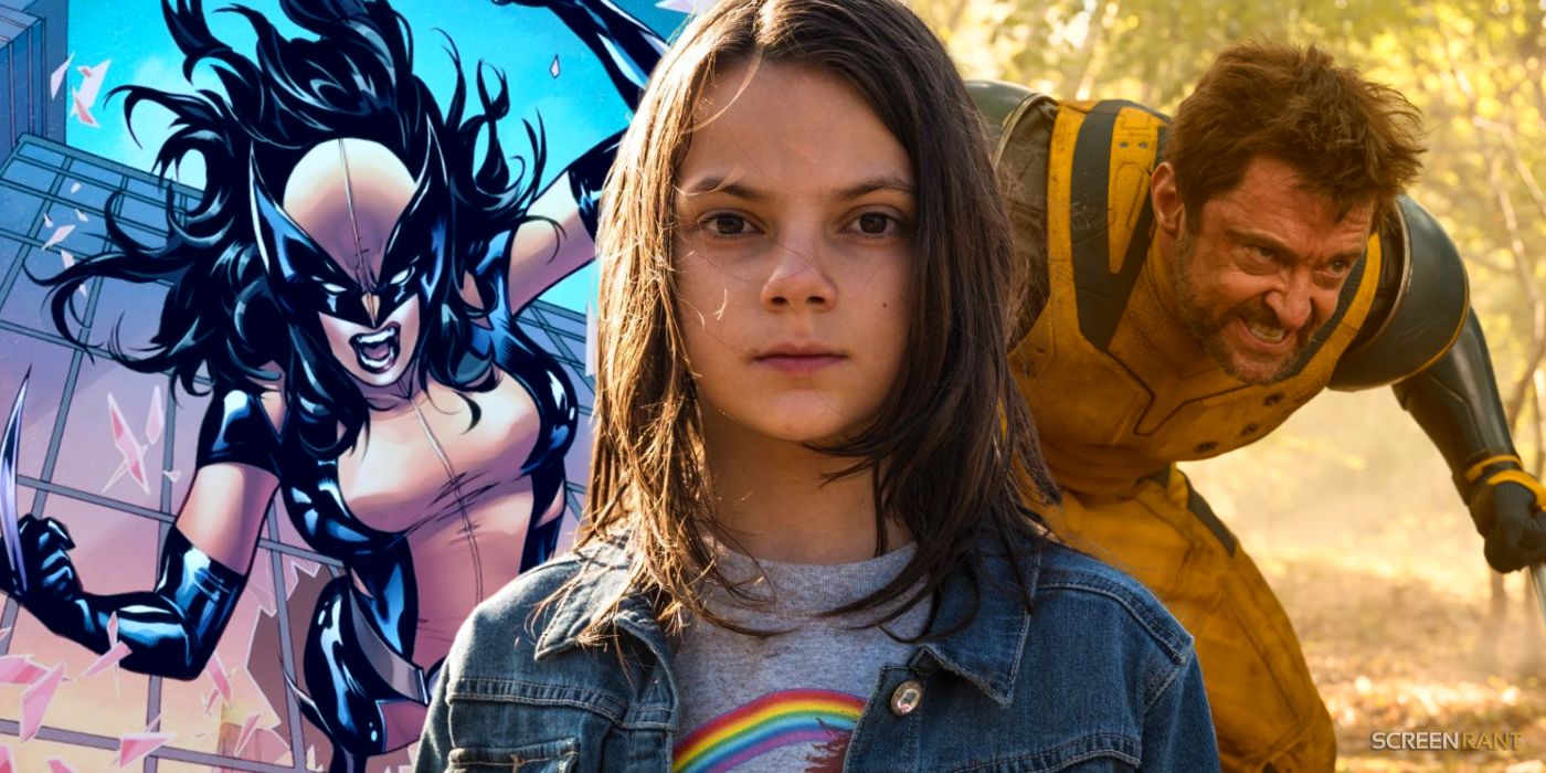 X-23 from the comics on the left, with Logan's Dafne Keen in the middle, followed by Hugh Jackman's Wolverine on the right