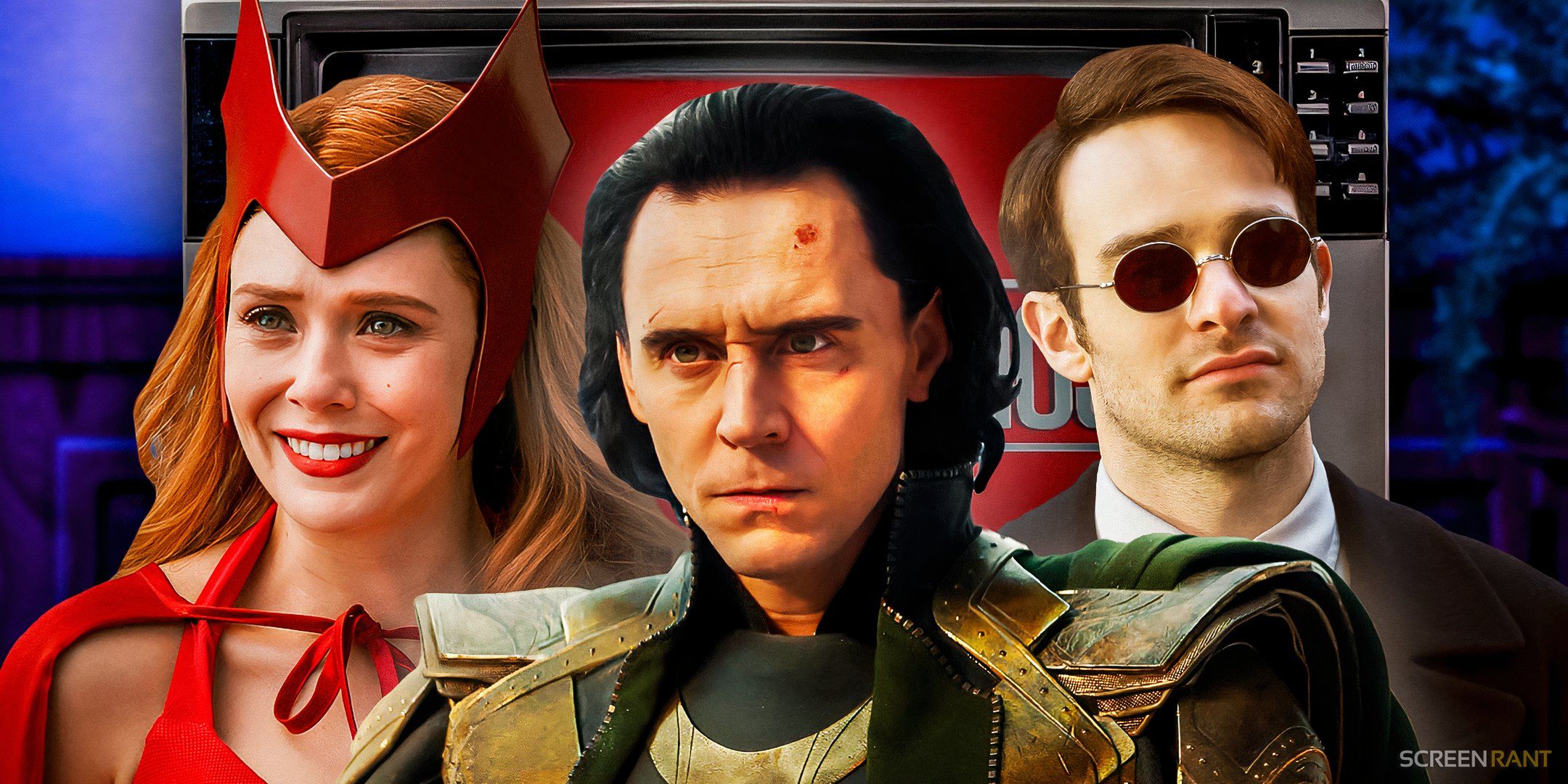 Elizabeth Olsen's Scarlet Witch in her Halloween costume, Tom Hiddleston's Loki, and Charlie Cox's Matt Murdock in front of a TV with the Marvel Studios logo