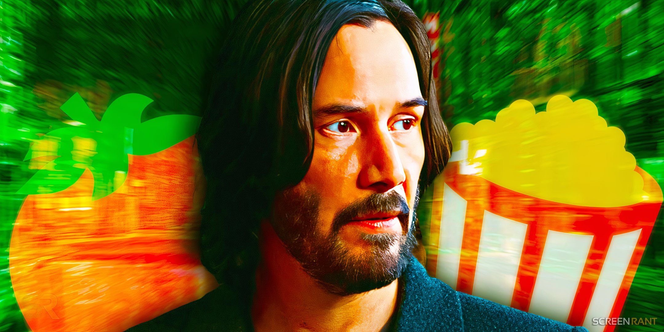  Keanu's Neo from Resurrections, with a Fresh Tomato and Audience Popcorn Bucket from Rotten Tomatoes in the background