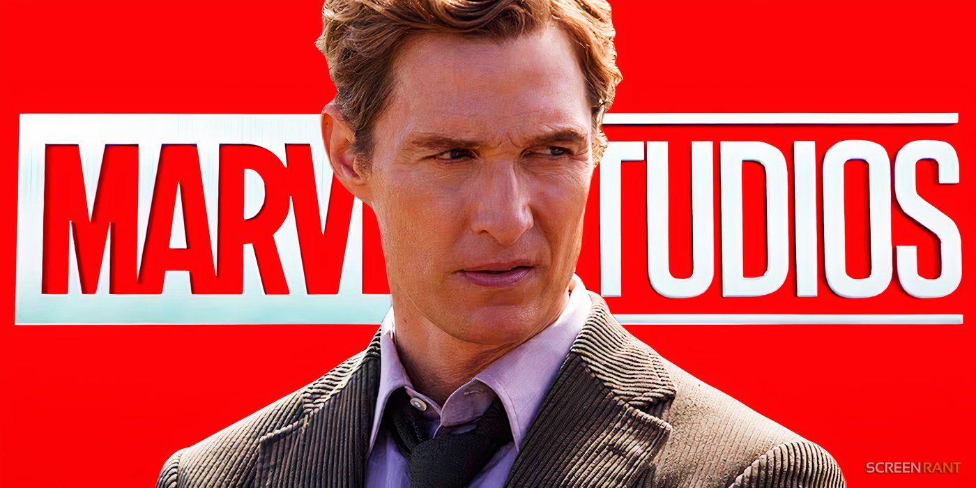 Matthew McConaughey in True Detective season 1 in front of the Marvel Studios logo