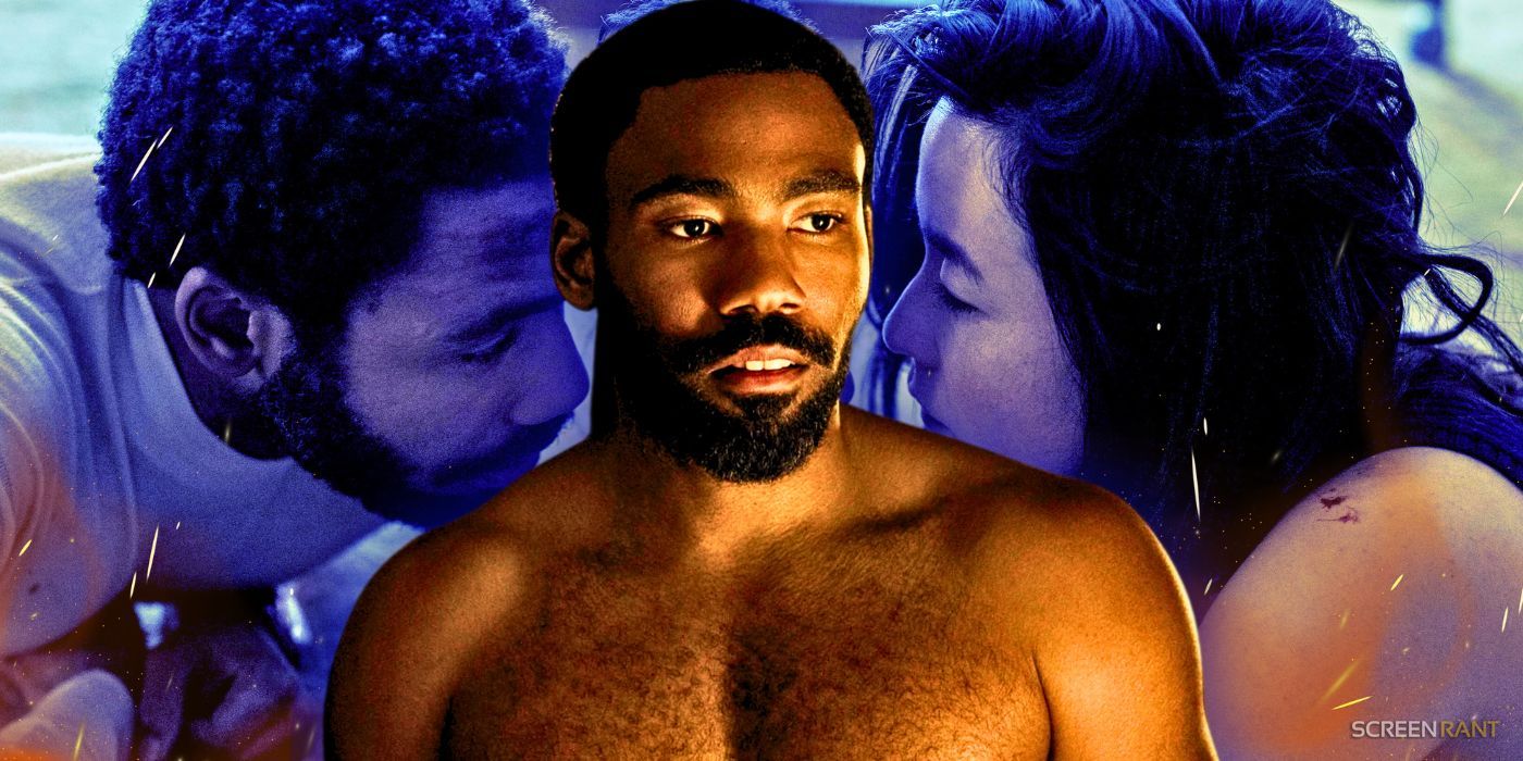 Donald Glover shirtless as John Smith against a background of John and Maya Erskine's Jane kissing in Mr & Mrs Smith season 1