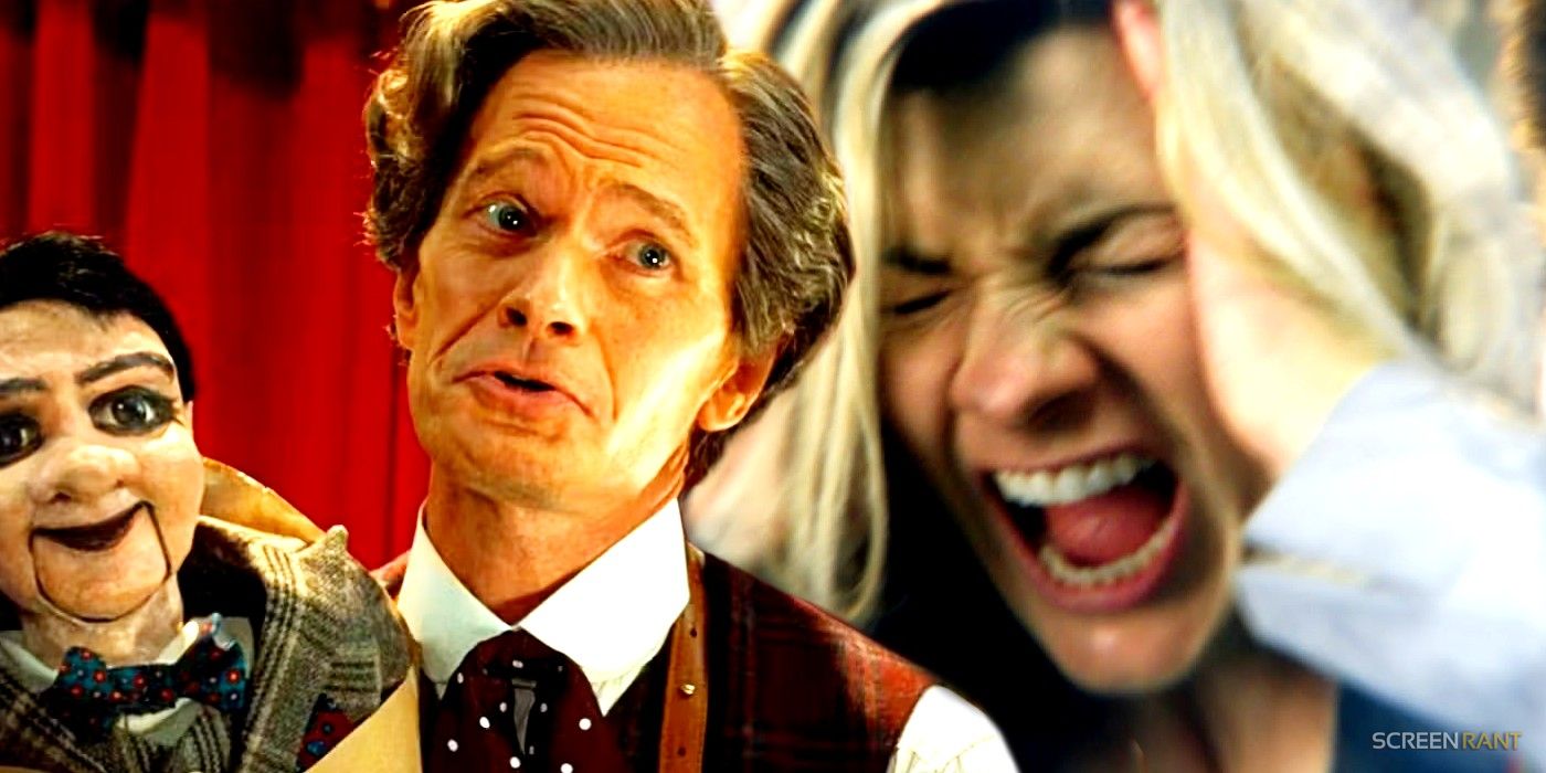 Neil Patrick Harris as the Toymaker and Jodie Whittaker as the Thirteenth Doctor clutching her head in Doctor Who.